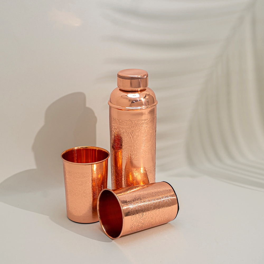 Koperen Set | Fles met 2 Bekers Bloemmotief ±750 ml – Bild 2